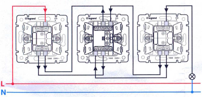 diagram ng mga kable para sa tatlong switch